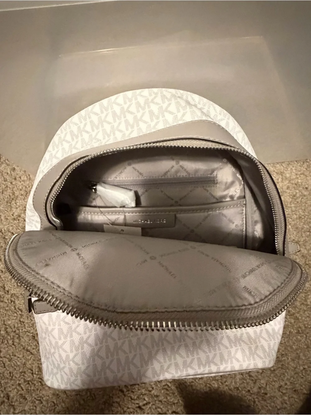 Michael Kors White and Silver-Tone MK Logo Backpack